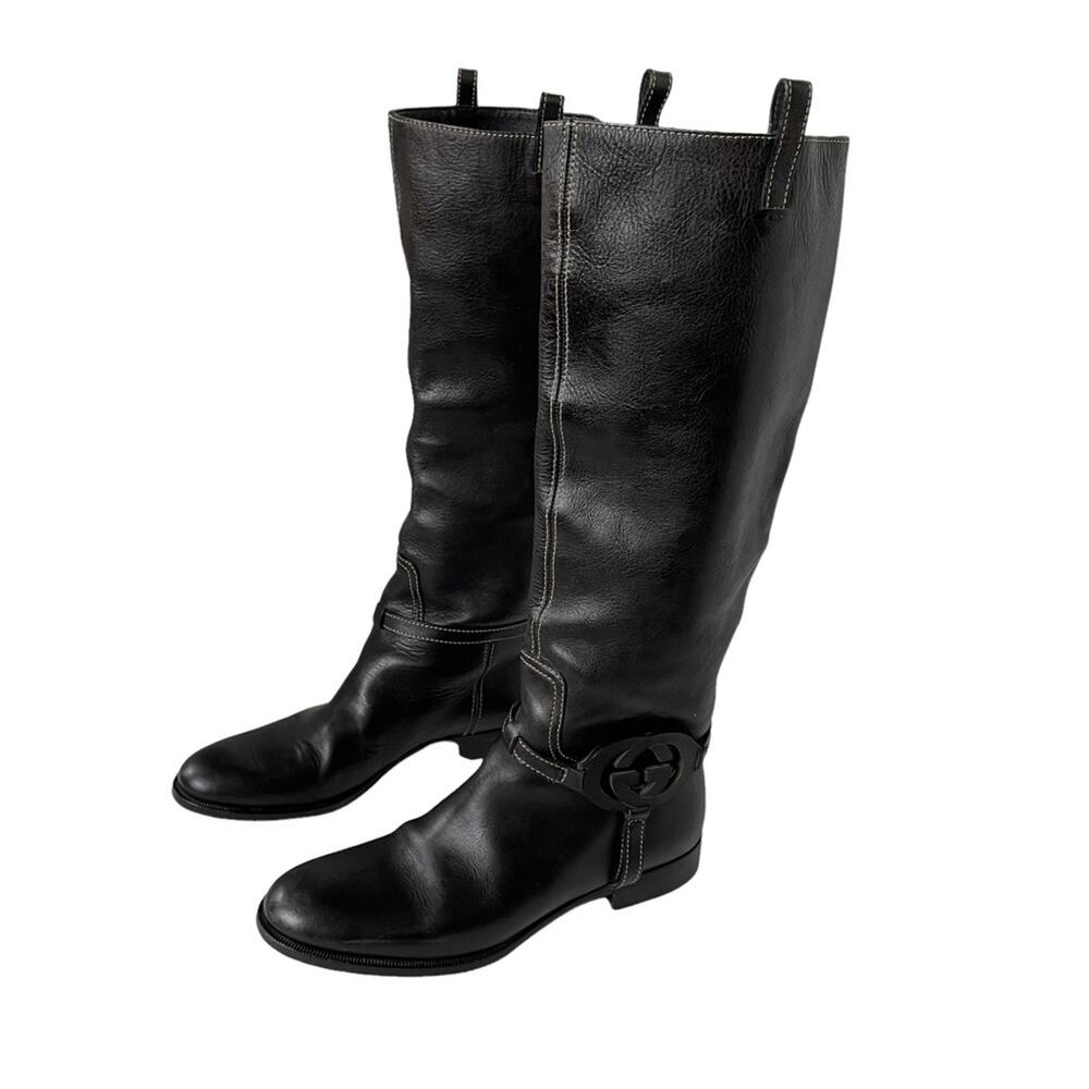 Gucci Interlocking G Logo Tall Riding Boots Knee Leather Black 7 GUC - Picture 16 of 16